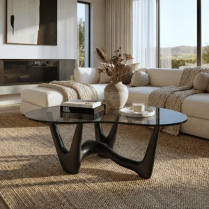43" Abstract Triangle Glass Coffee Table with Sculptural Black Base